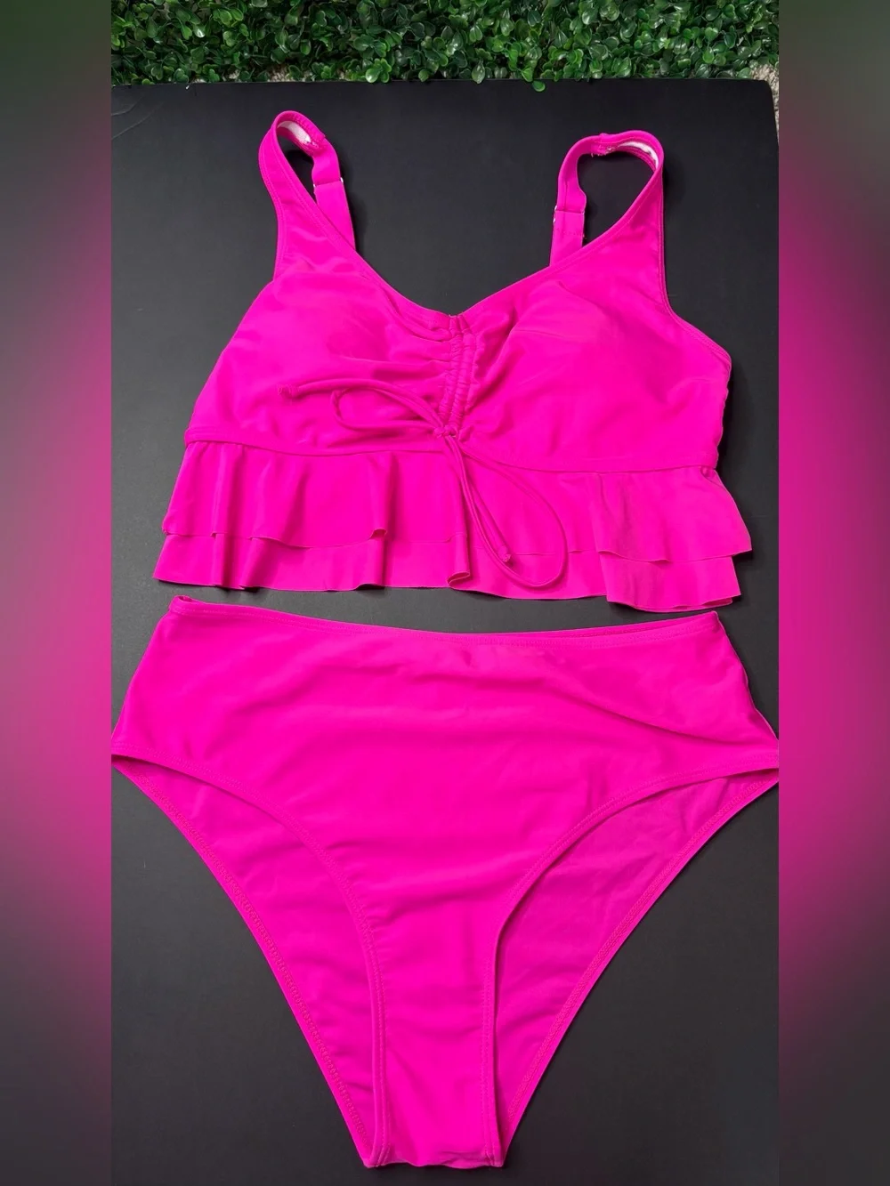 Cupshe Hot Pink Ruffle High-Waist Bikini Set